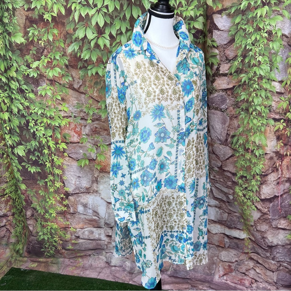 ROSE + OLIVE Blue and White Floral Boho Chiffon Longline Tunic/Dress, M - Picture 12 of 14